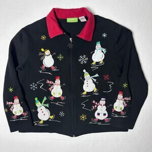 Vintage Embroidered Snowman Christmas Zip Sweatshirt Jacket Women’s Black Size L